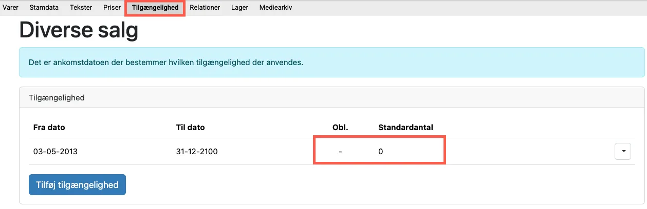 tilgængelighed for en diverse vare
