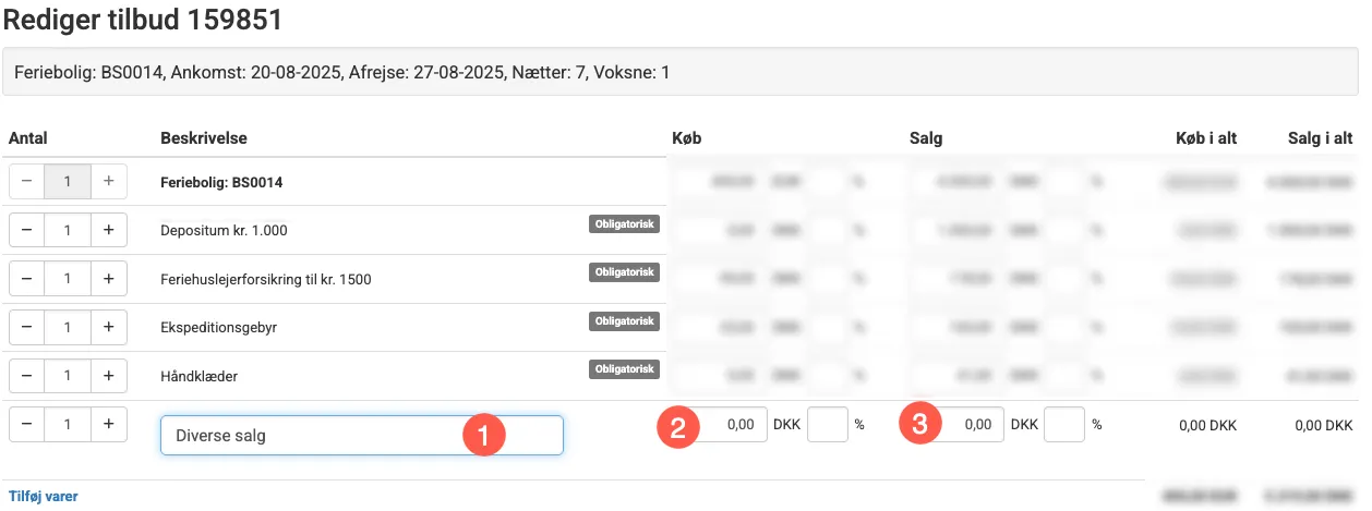 Ret tekst og priser når en diverse vare bruges på en reservation