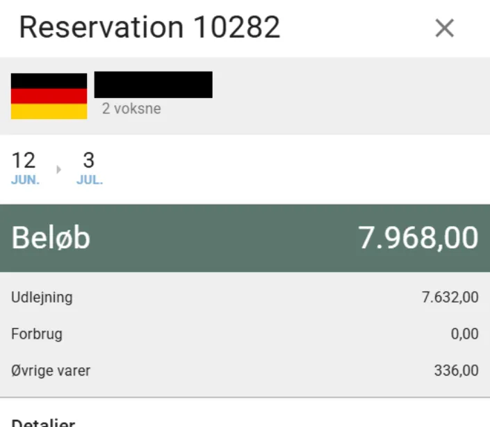 Detaljer om booking med beløb specificeret på udlejning, forbrug og øvrige varer