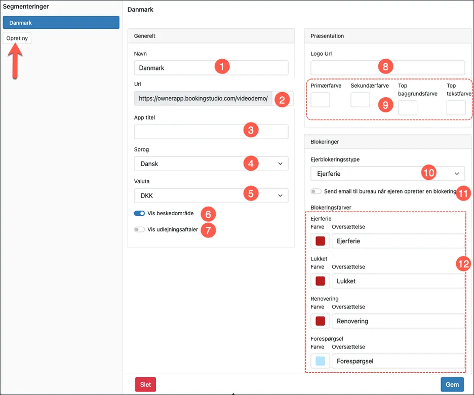 Indstillinger for et segment