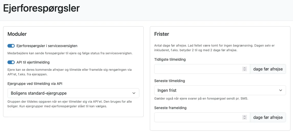 Indstillingssiden Ejerforespørgsler med moduler og frister
