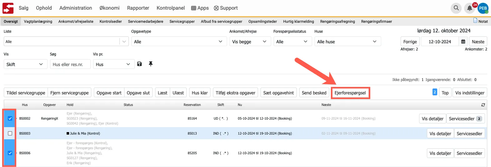 Knappen Ejerforespørgsel i serviceoversigten