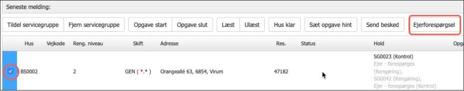 Klik på ejerforespørgsel, når en feriebolig er markeret