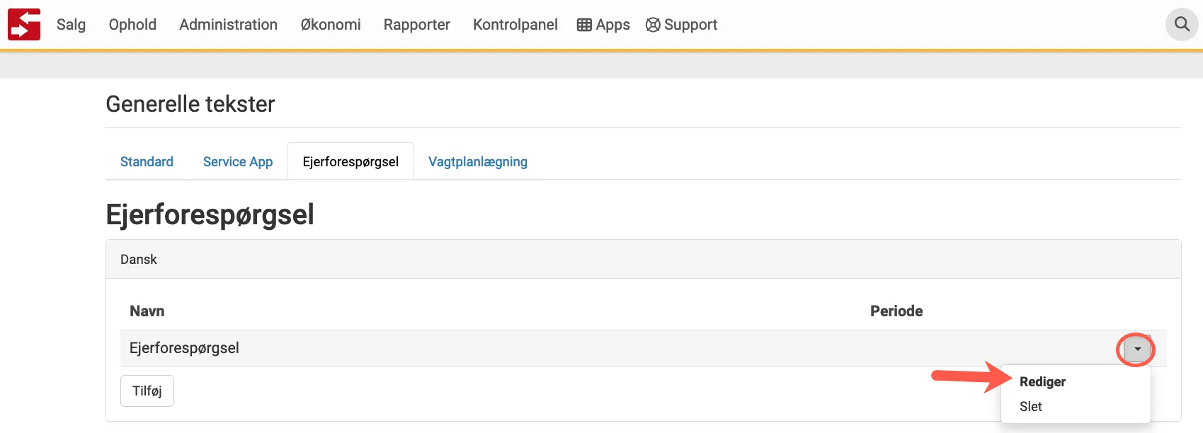 Under Generelle tekster kan man oprette/redigere teksten for forespørgelsen til ejerne