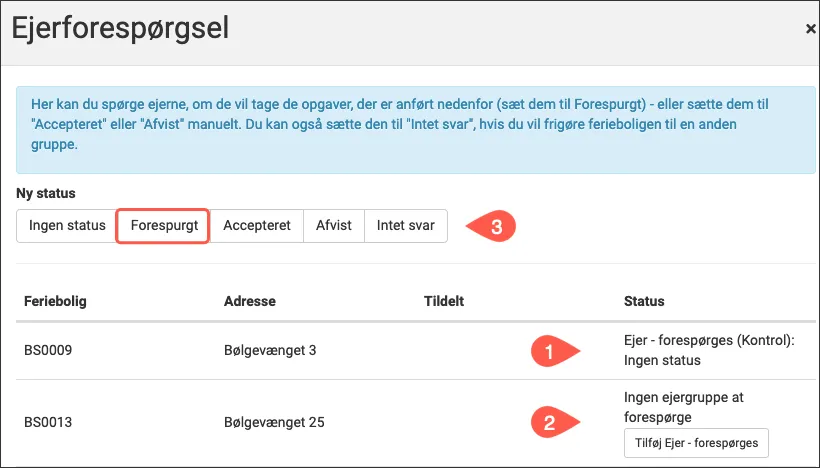 Sæt status på, hvor i processen ejerforespørgelsen er