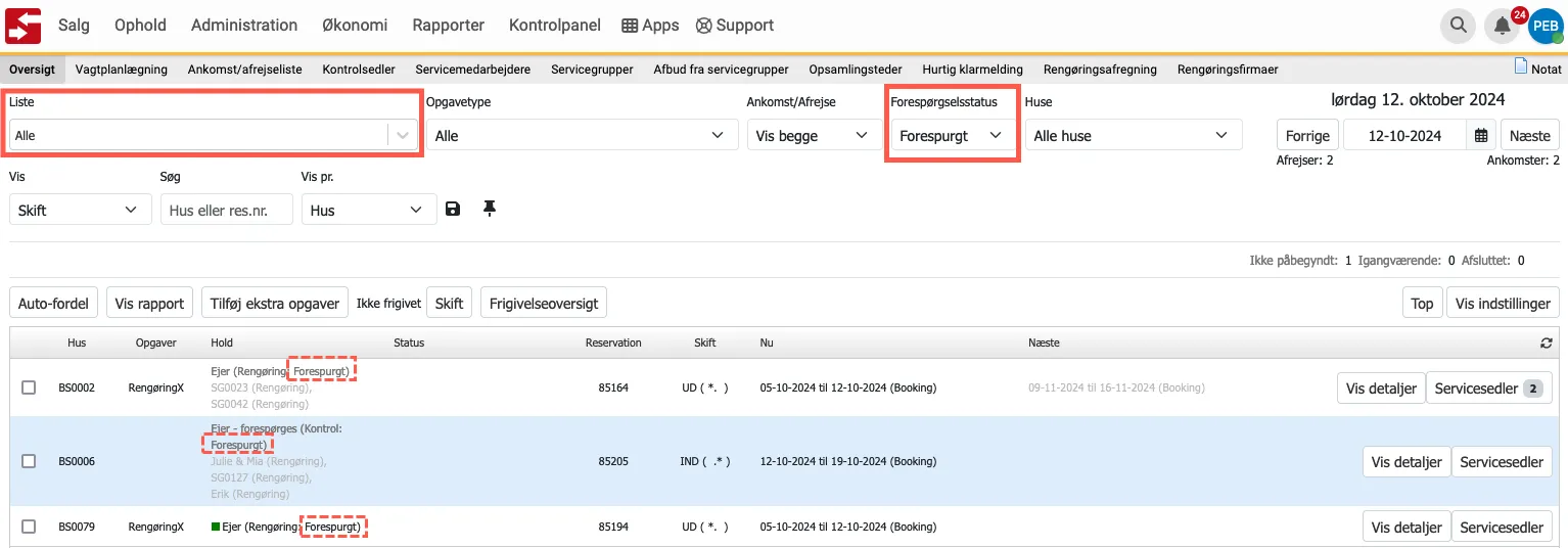 Se de serviceopgaver, hvor ejeren er blevet forespurgt om rengøring/kontrol