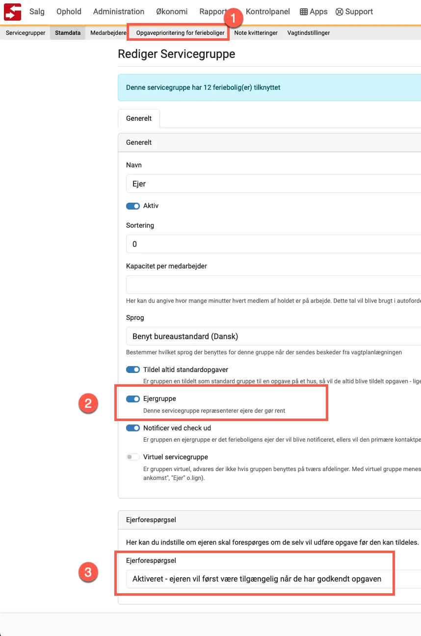 Indstillinger for servicegruppen ejere