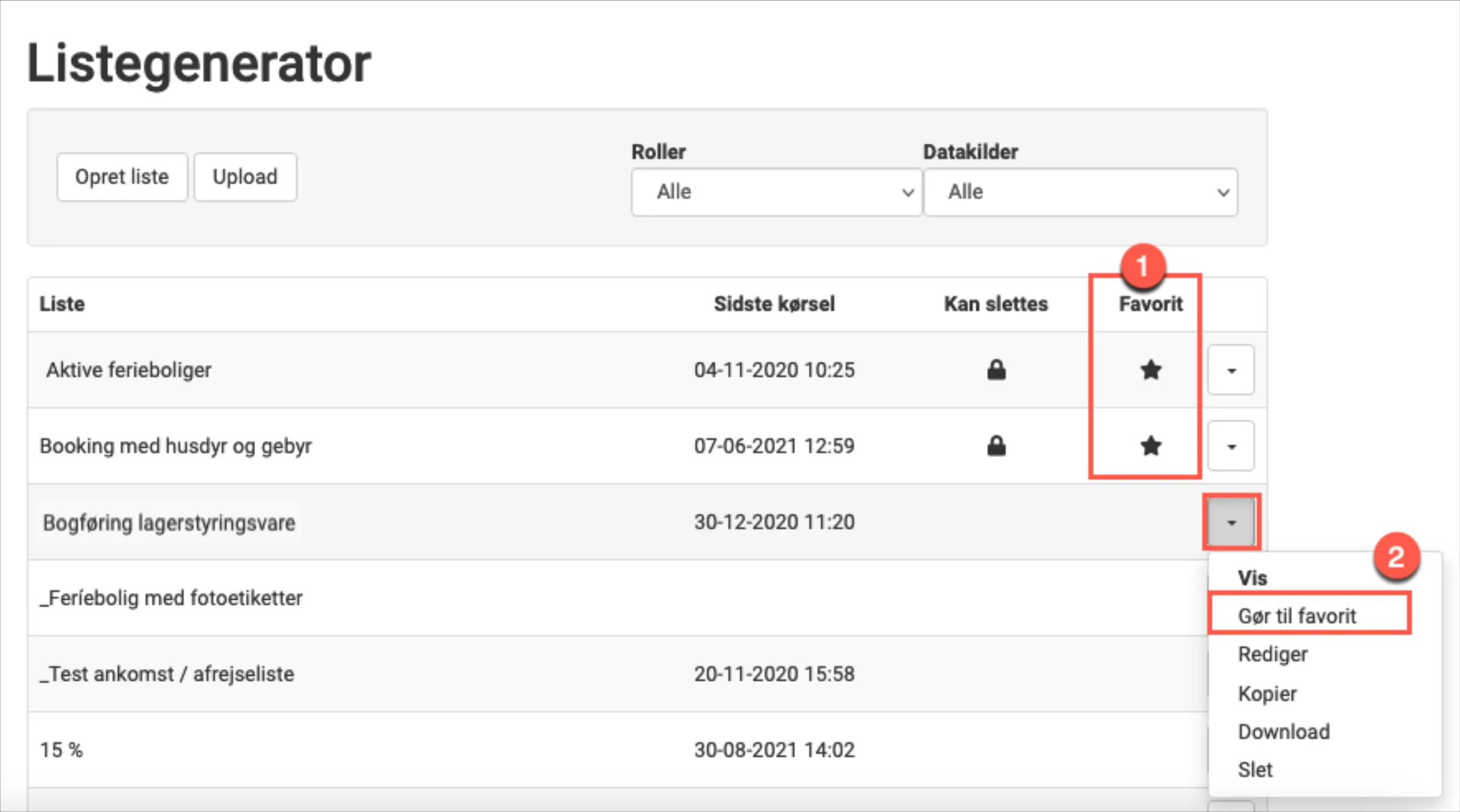 Favoritter vises med stjerne