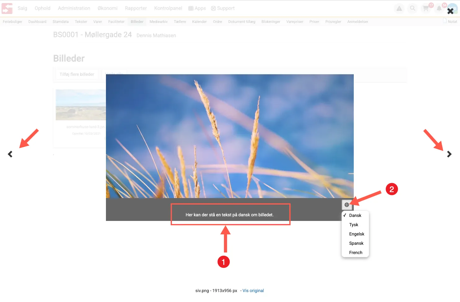 Globe-ikonet på billedet giver mulighed for at se teksten på et andet sprog