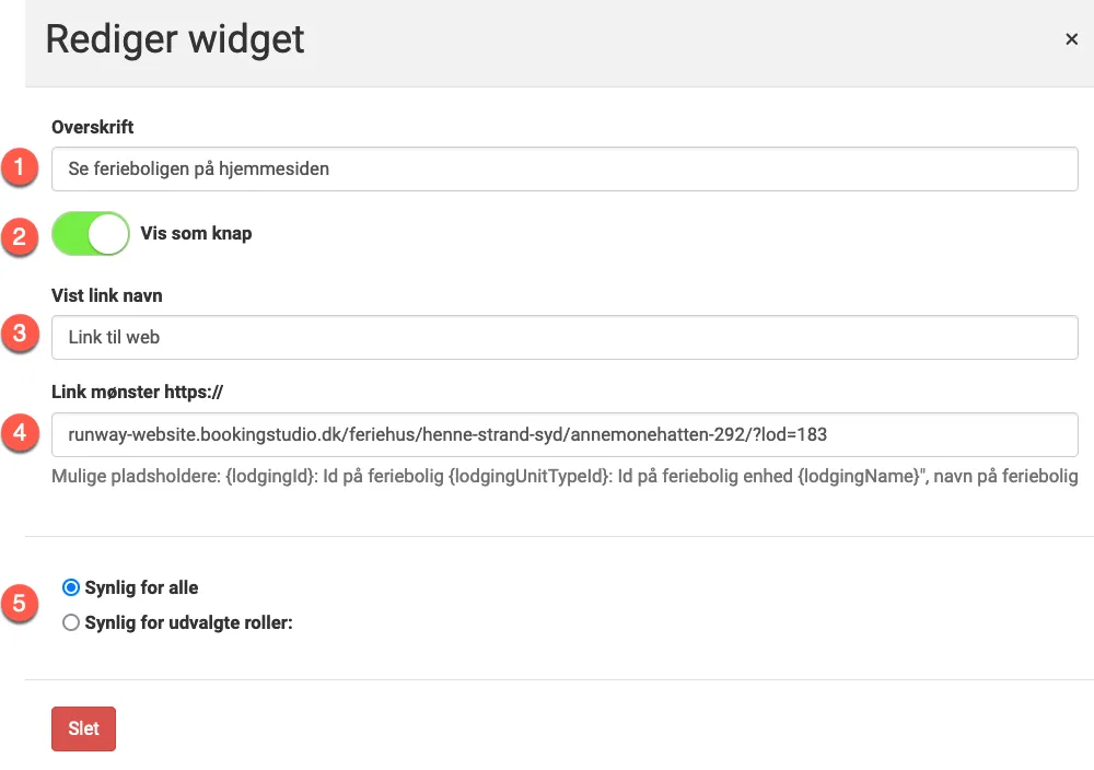 Indstillinger for widget "Feriebolig link skaber"