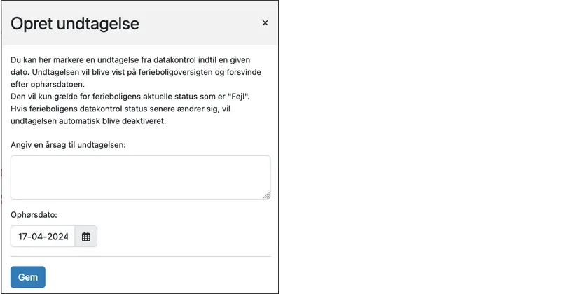 Udfyld felter for undtagelse i datakontrol
