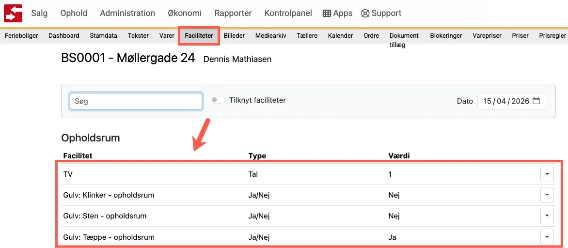 Liste over faciliteter på en feriebolig