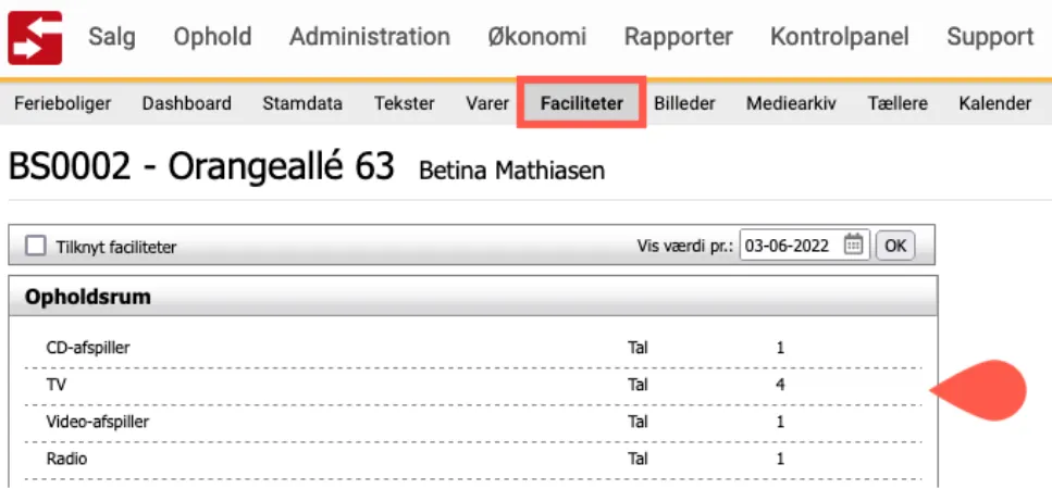 Liste over faciliteter på en feriebolig