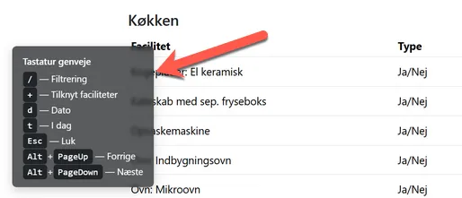 Tastaturgenveje på facilitetssiden