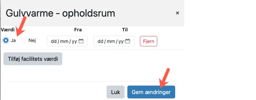 Indstil facilitetens værdi