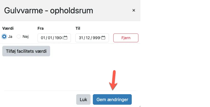 Indstil facilitetens værdi