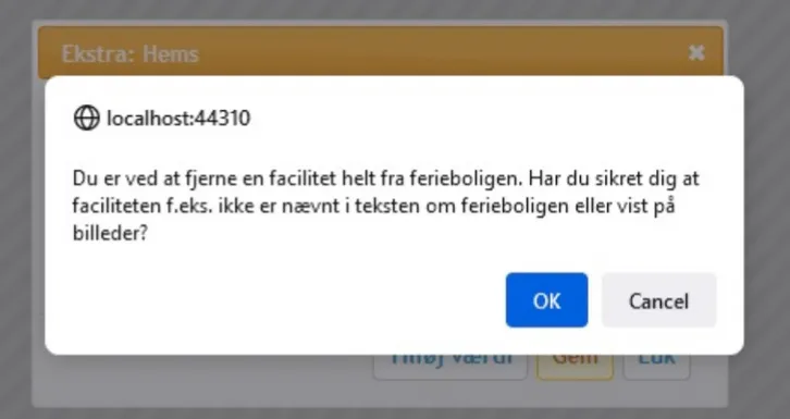 Advarsel når en facilitet slettes