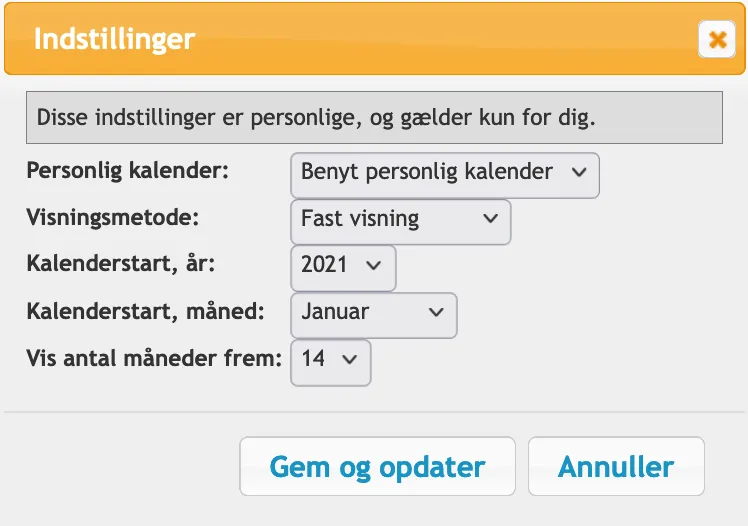 Indstillinger for personlig visning af kalenderen