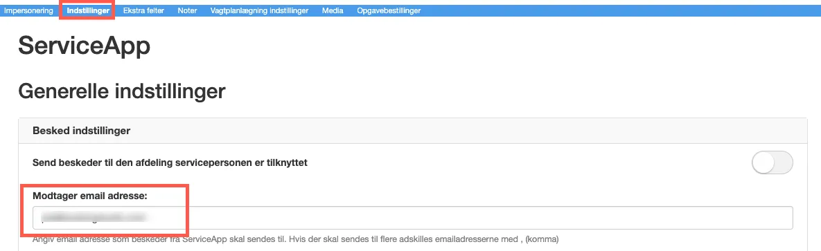 Besked fra app sendes til email opsat under indstillinger for service app'en 
