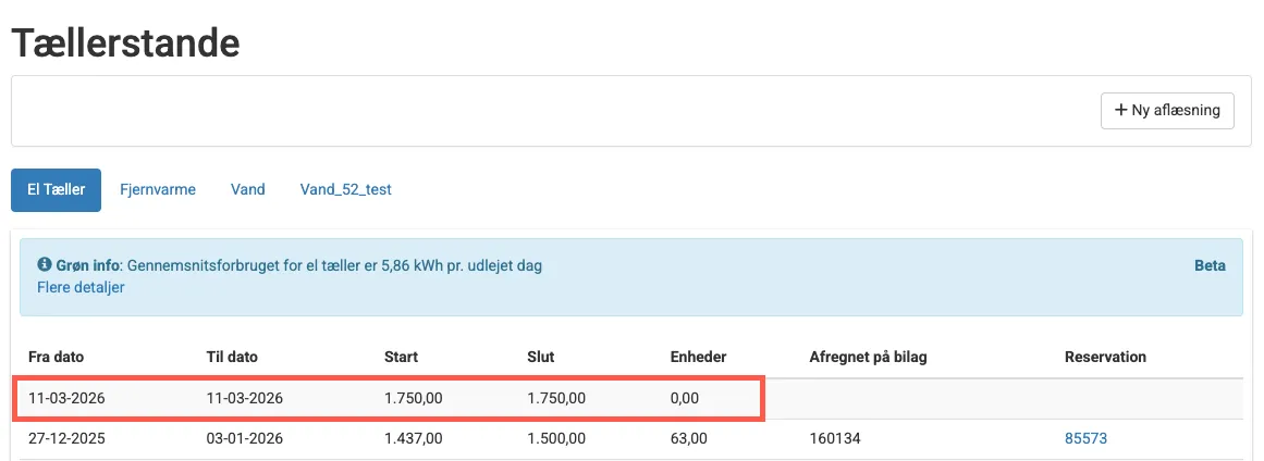 Registrering af aflæsningen i tællerstanden