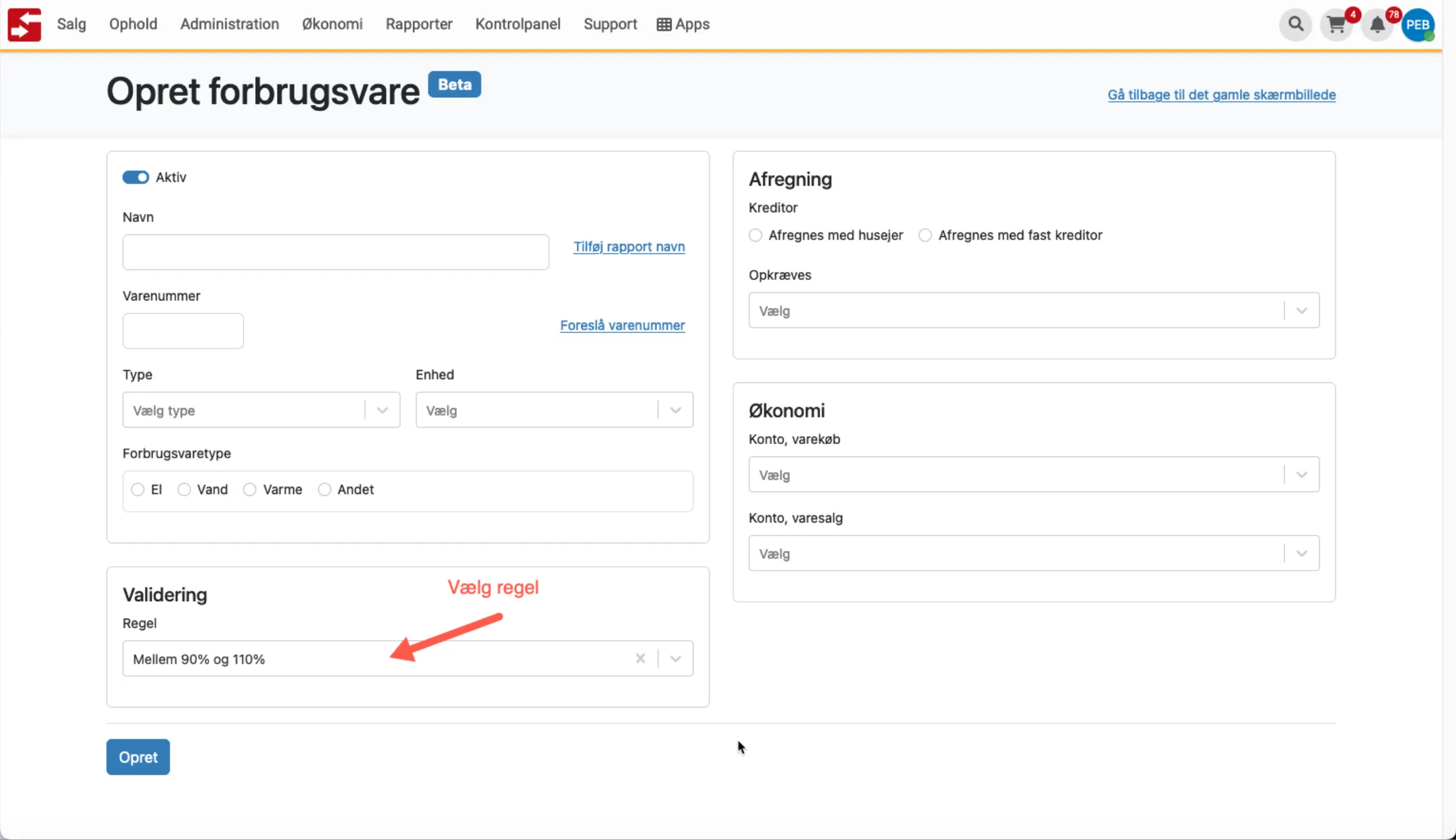 Tilknyt regel til forbrugsvare