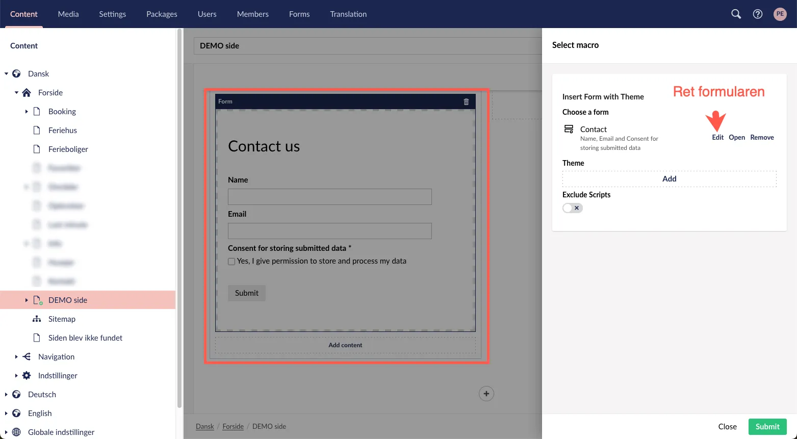 Formularen vises på siden i backend af umbraco
