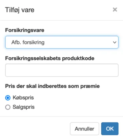 Vælg forsikringsselskab og datobegrænsning