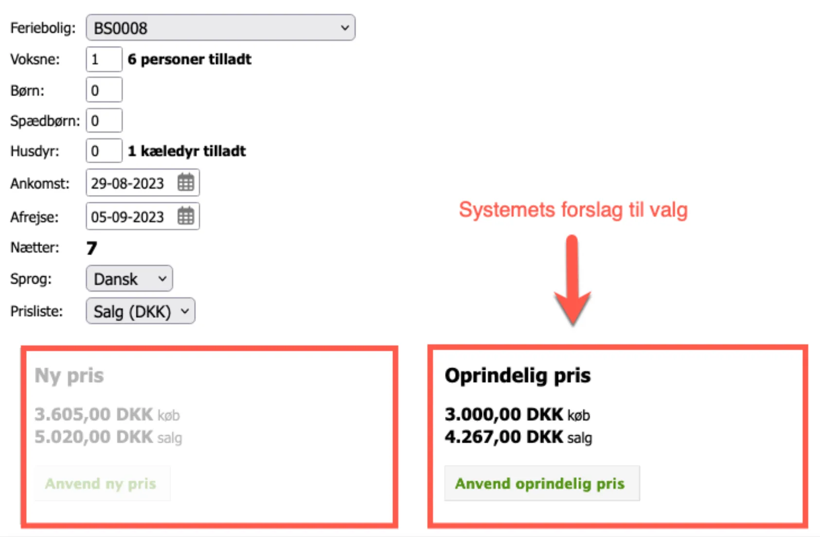 Systmet foreslår pris