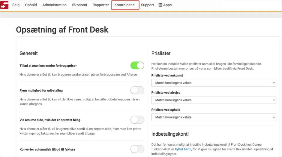 Front Desk indstillinger
