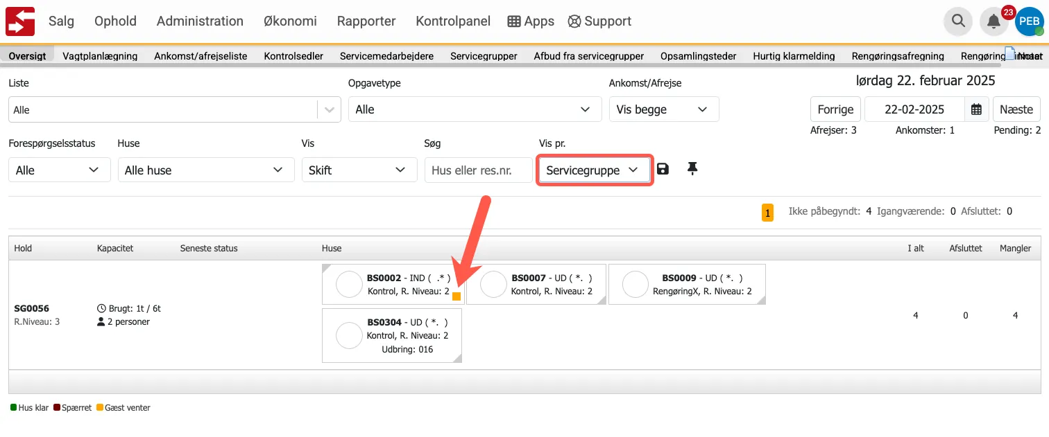 Visning på servicegruppe opgave, at gæst venter på nøgle