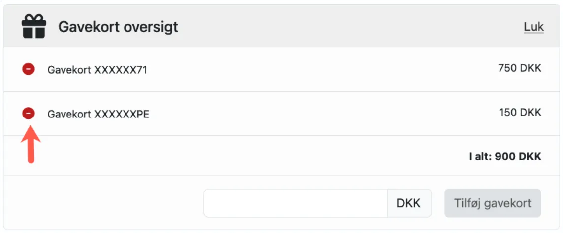 Fjern et gavekort i oprettelsesprocessen
