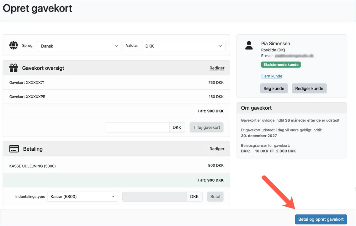 Betal og opret gavekort