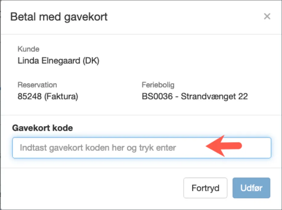 Indtast gavekort koden ved betaling
