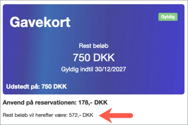 Rest beløb på gavekort