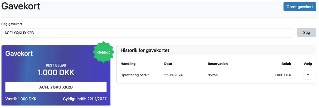 Visning af et gyldigt gavekort