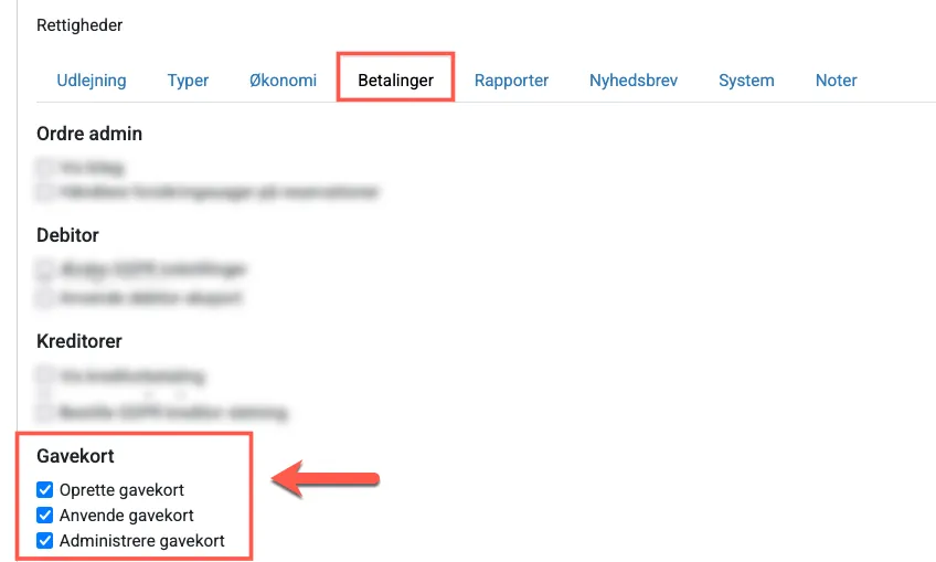 Indstil brugerrettigheder for gavekort
