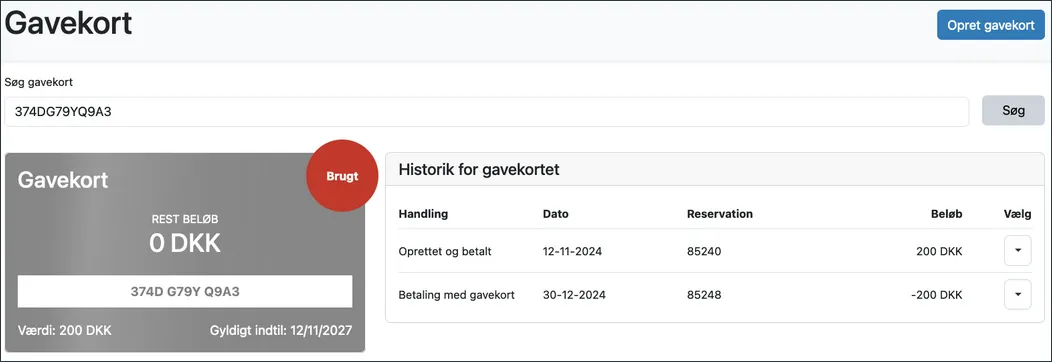 Visning af et brugt gavekort