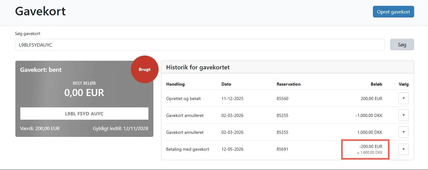 Visning af et brugt gavekort, betalt med en anden valuta end reservationen