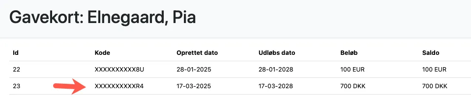 Liste over alle de gavekort en kunde har købt