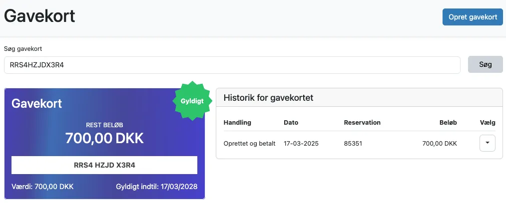 Se info vedr. et specifikt gavekort