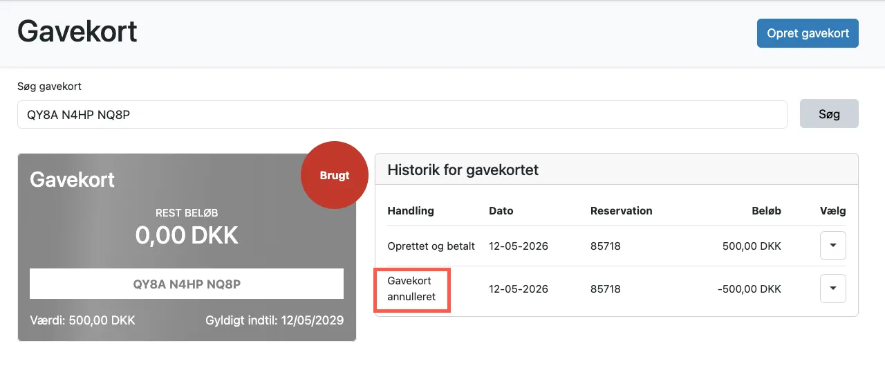 Et annulleret gavekort