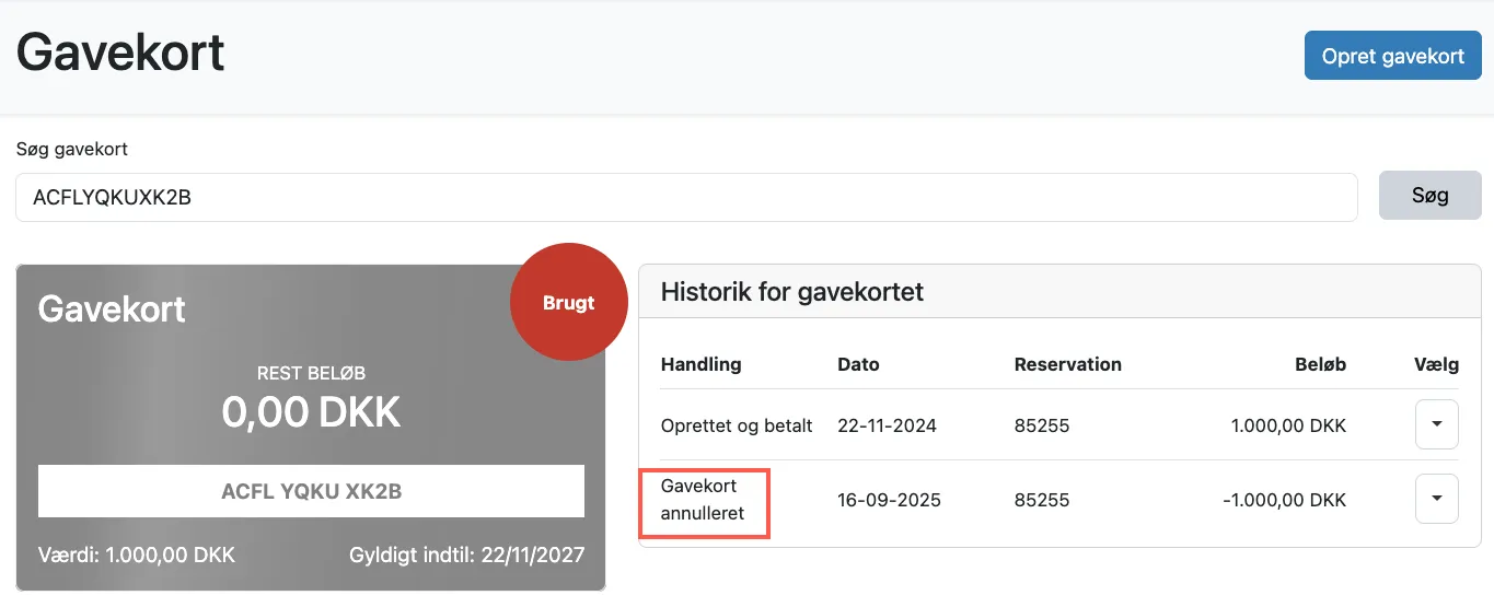 Et annulleret gavekort