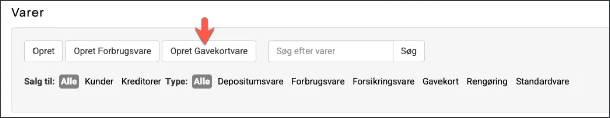 Opret varer til gavekort