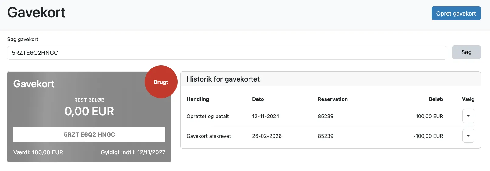 Visning af afskrevet gavekort