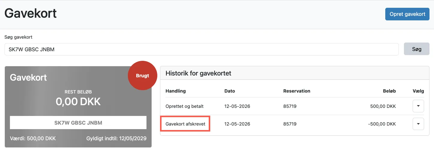 Visning af afskrevet gavekort