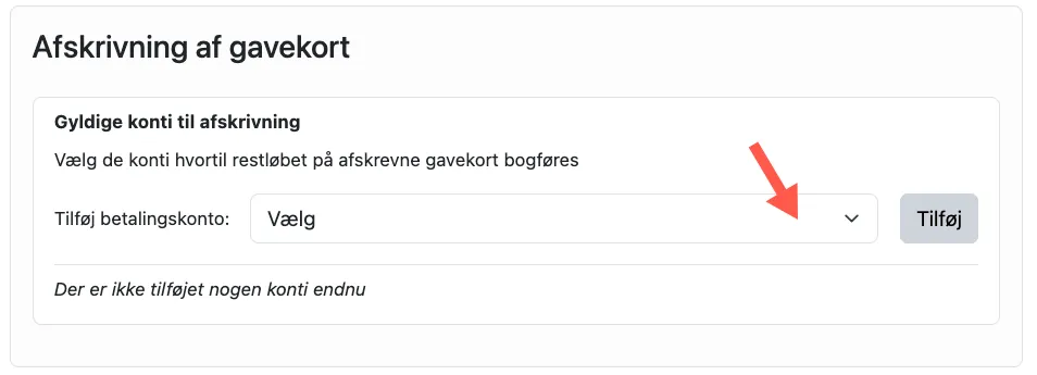 indstilling for konto til afskrivning af gavekort