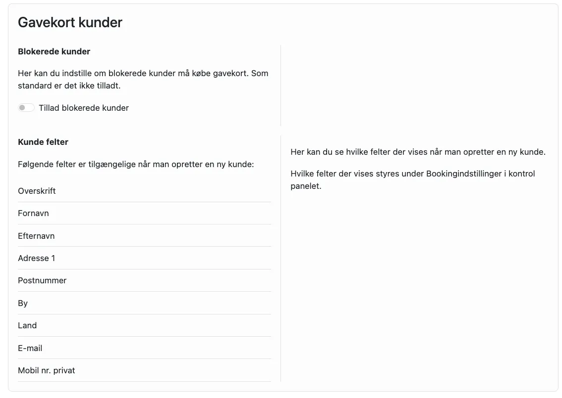 info vedr. kunder og gavekort