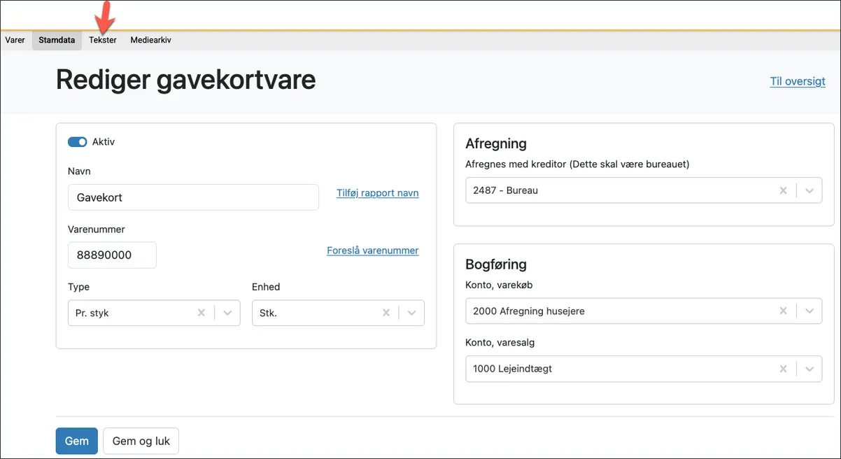 Udfyld tekster for gavekortsvarer