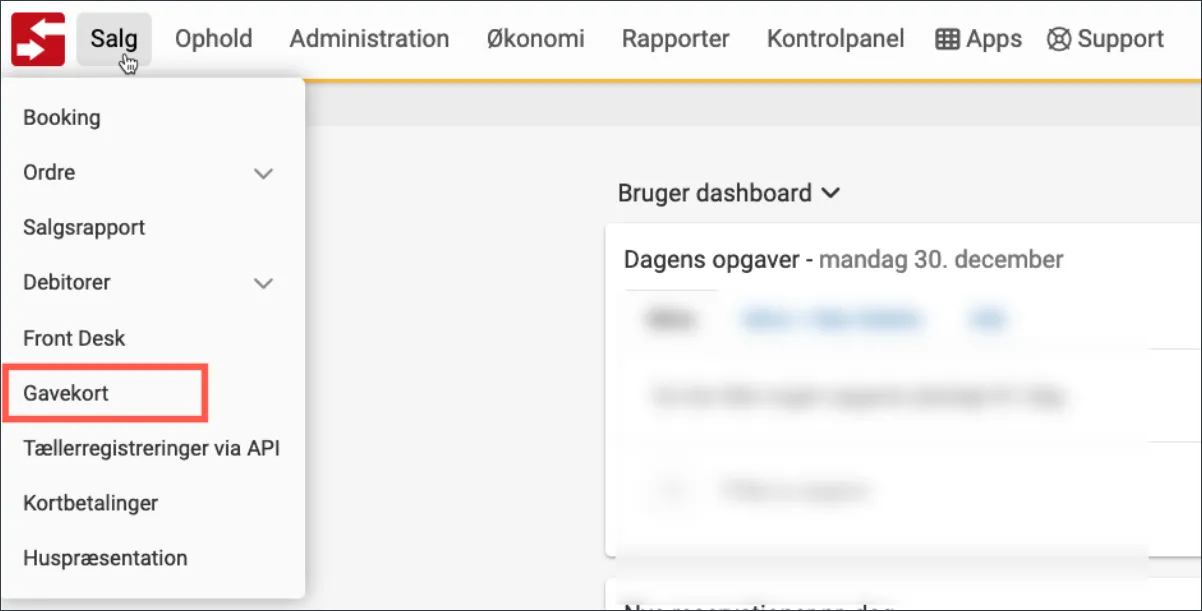 Find menupunktet Gavekort under Salg