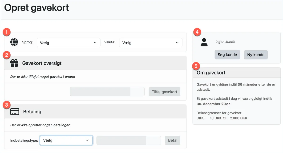 Oprettelsesside for gavekort